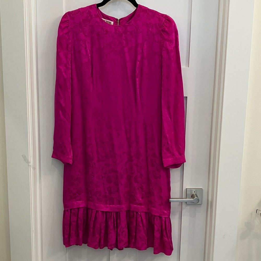 Vintage Maggie London Hot Pink Silk Long Sleeved Midi Dress